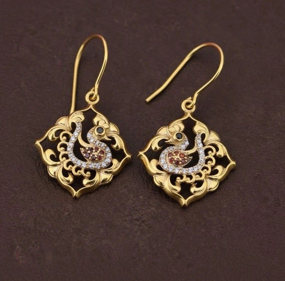 Bird Earrings Artisan Peacock Art Museum VTG Filigree Gold CZ Anthro Boho Retro